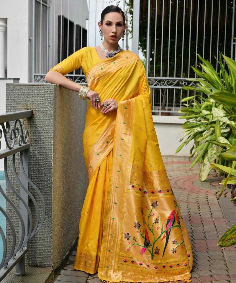 yellow color banarasi silk blend fabric designer partywear saree