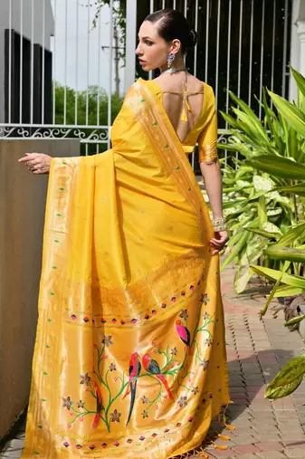 yellow faux banarasi silk blend partywear saree