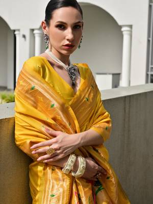 yellow faux banarasi silk blend partywear saree 3