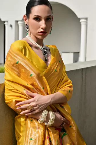 yellow faux banarasi silk blend partywear saree