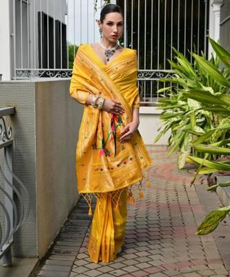 yellow faux banarasi silk blend partywear saree 4