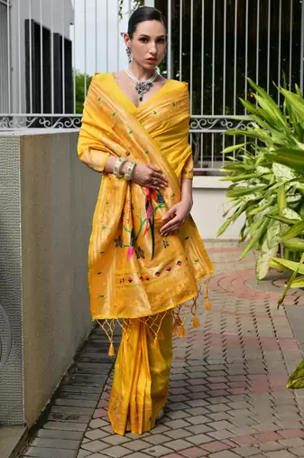 yellow faux banarasi silk blend partywear saree