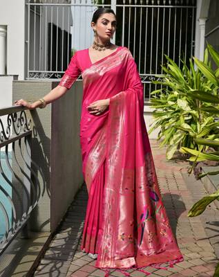 pink faux banarasi silk blend partywear saree 1