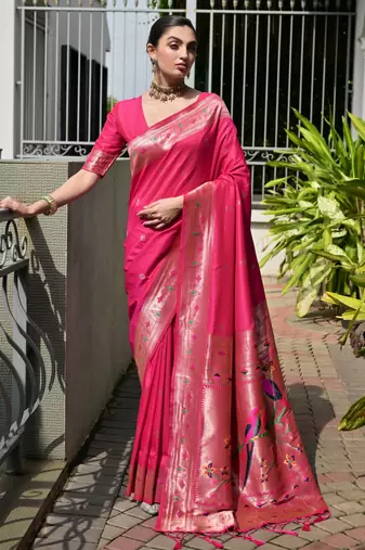 pink color banarasi silk blend fabric designer partywear saree