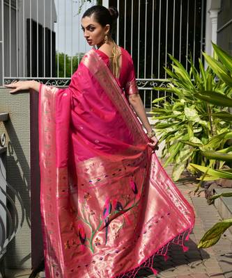 pink faux banarasi silk blend partywear saree 2