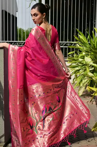 pink faux banarasi silk blend partywear saree