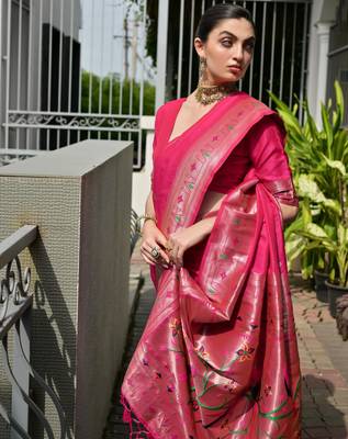pink faux banarasi silk blend partywear saree 3