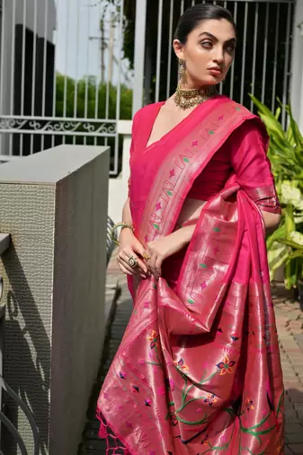 pink faux banarasi silk blend partywear saree