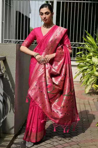 pink faux banarasi silk blend partywear saree