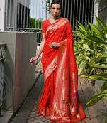 orange color banarasi silk blend fabric designer partywear saree