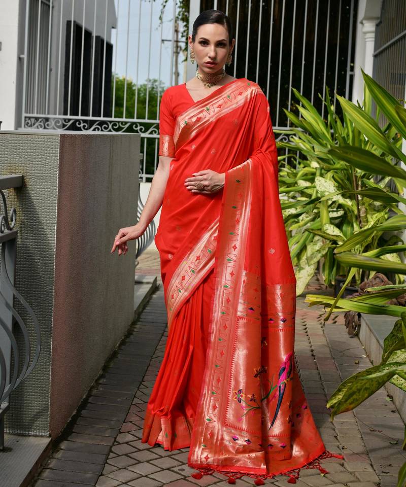 orange color banarasi silk blend fabric designer partywear saree