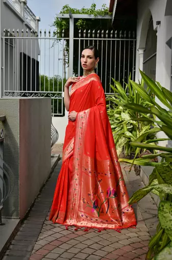 orange faux banarasi silk blend partywear saree