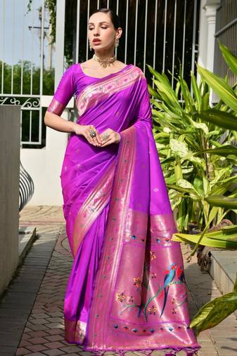 purple color banarasi silk blend fabric designer partywear saree