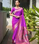 purple color banarasi silk blend fabric designer partywear saree