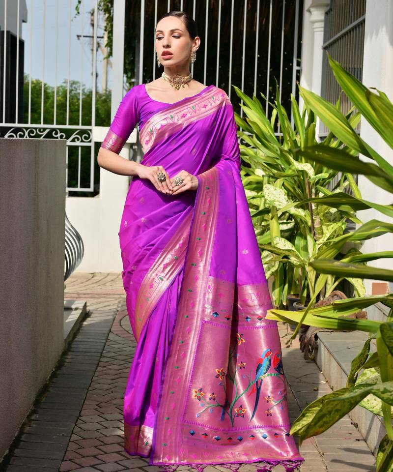purple color banarasi silk blend fabric designer partywear saree