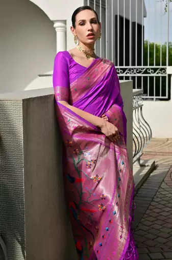 purple faux banarasi silk blend partywear saree