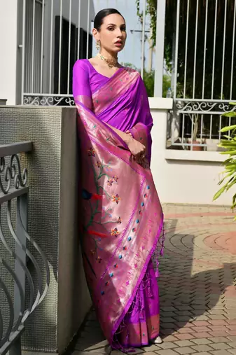 purple faux banarasi silk blend partywear saree