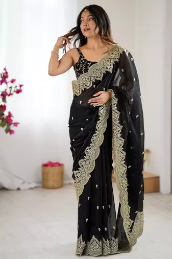 black color fendy chiffon fabric beautiful embroidered saree