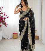 black color fendy chiffon fabric beautiful embroidered saree