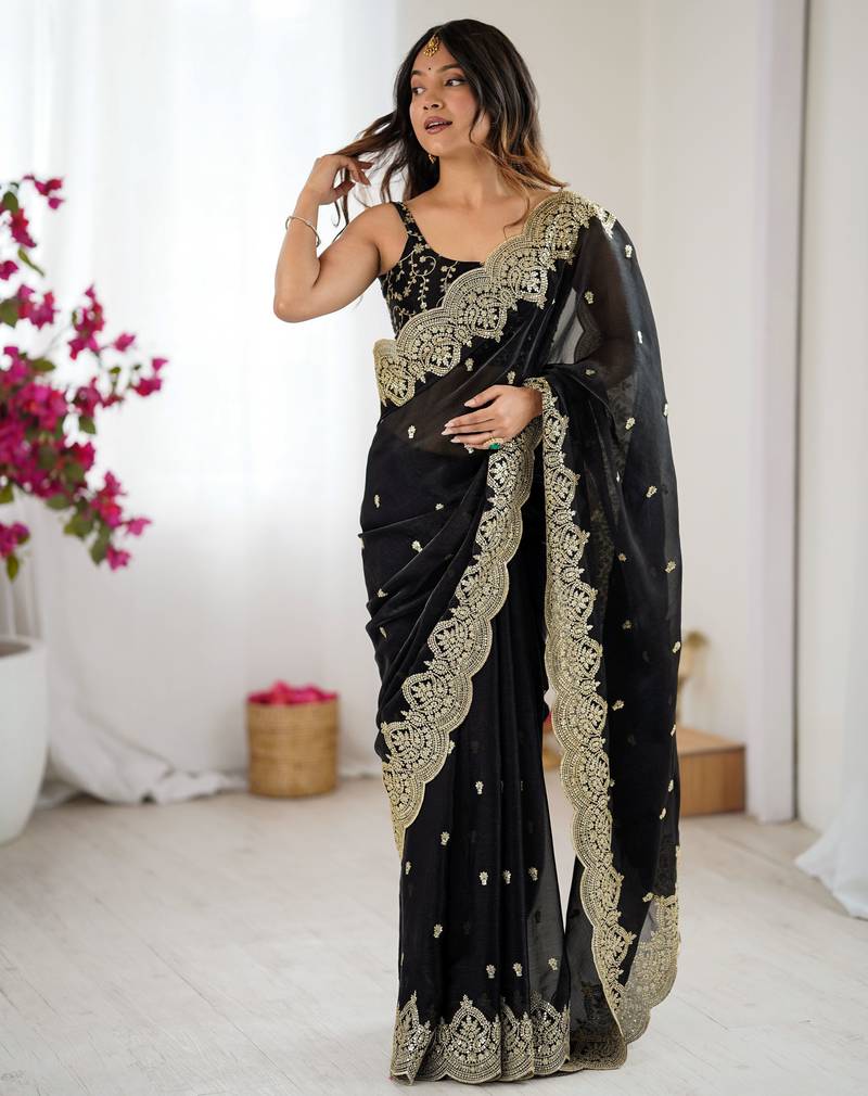 black color fendy chiffon fabric beautiful embroidered saree
