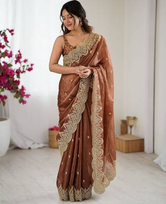 brown chiffon embroidered saree 1