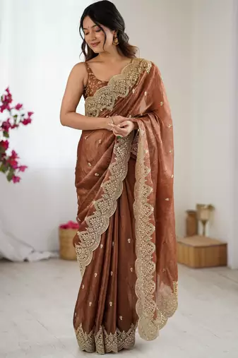 brown color fendy chiffon fabric beautiful embroidered saree