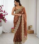 brown color fendy chiffon fabric beautiful embroidered saree