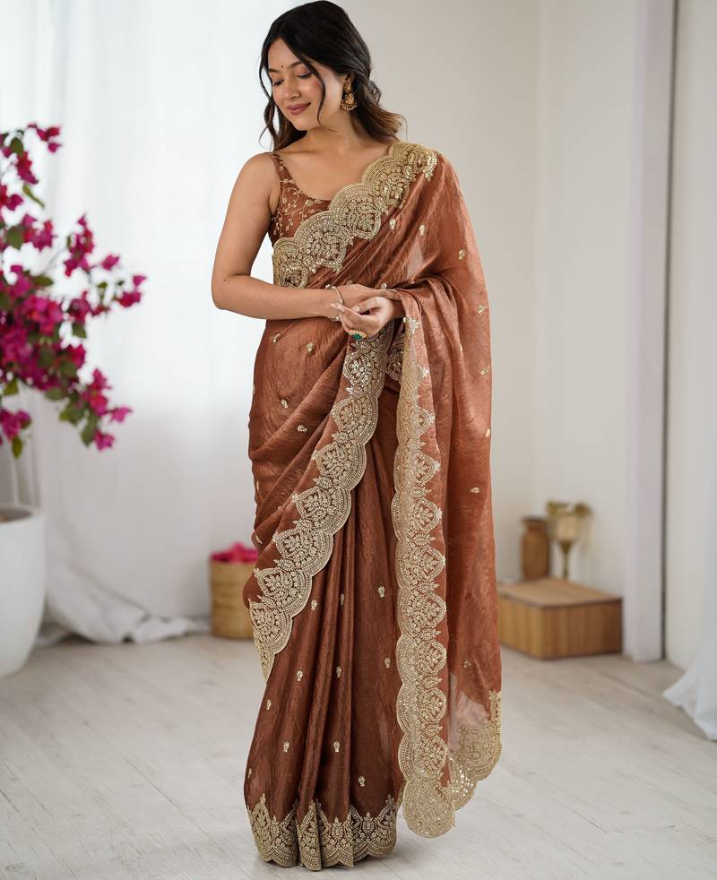 brown color fendy chiffon fabric beautiful embroidered saree