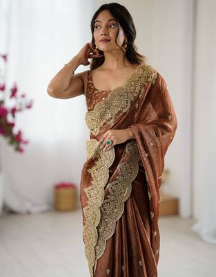 brown chiffon embroidered saree 3