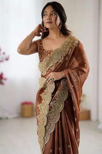 brown color fendy chiffon fabric beautiful embroidered saree