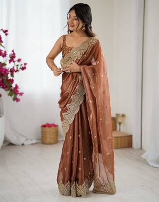 brown chiffon embroidered saree 4