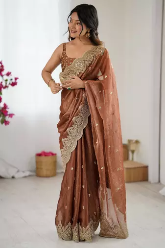 brown color fendy chiffon fabric beautiful embroidered saree