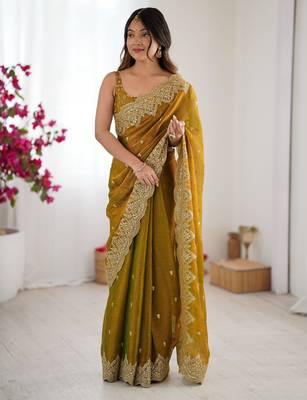 mustard chiffon embroidered saree 1