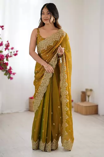 mustard color fendy chiffon fabric beautiful embroidered saree