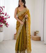 mustard color fendy chiffon fabric beautiful embroidered saree