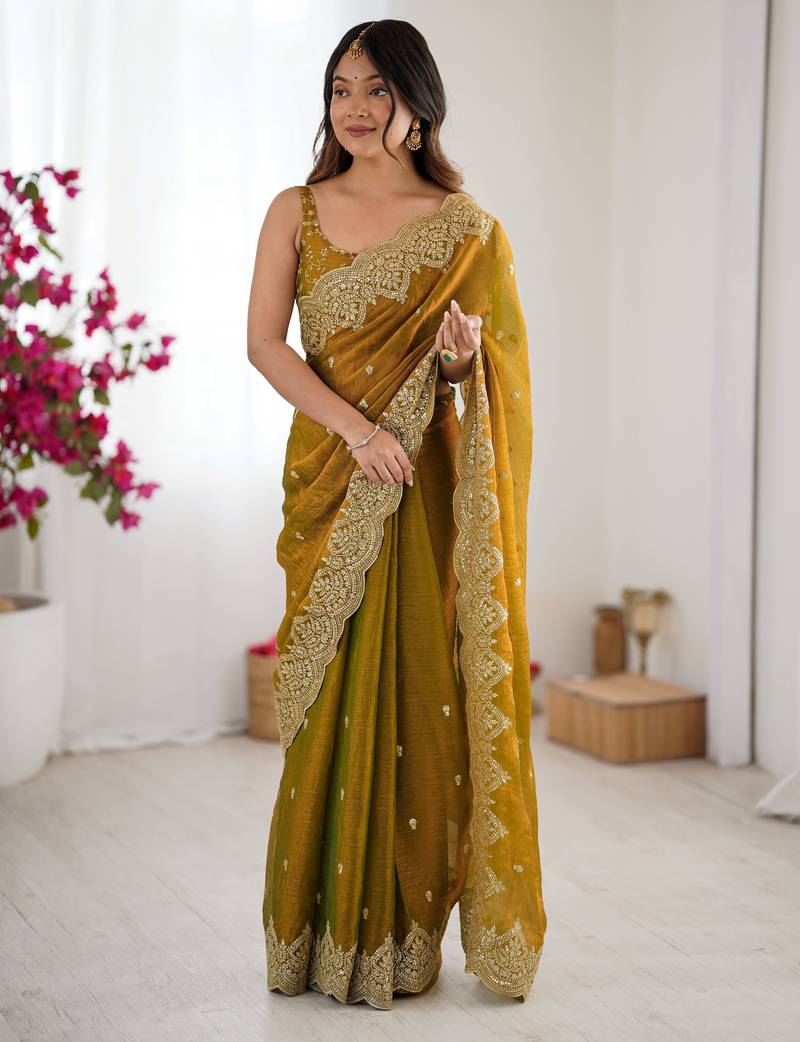 mustard color fendy chiffon fabric beautiful embroidered saree