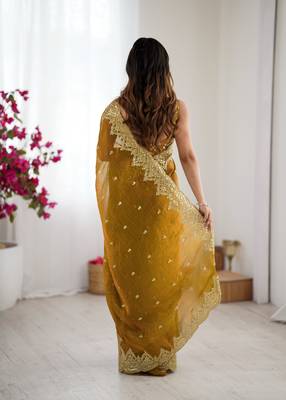 mustard chiffon embroidered saree 3