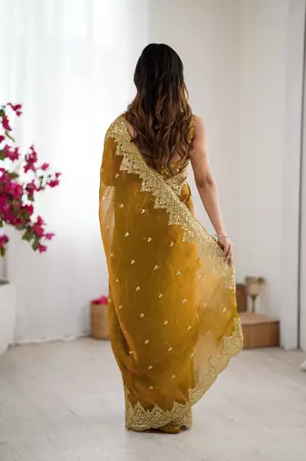 mustard chiffon embroidered saree