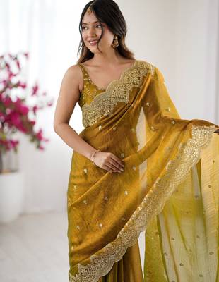 mustard chiffon embroidered saree 4