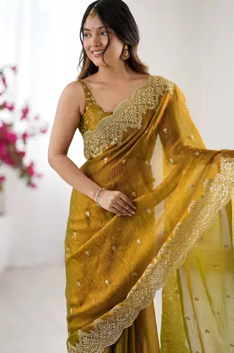 mustard chiffon embroidered saree