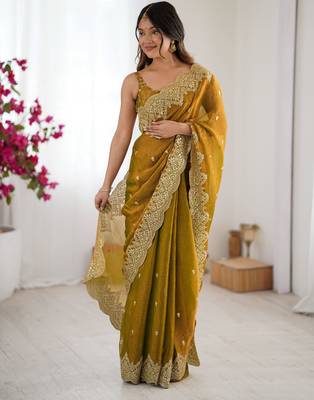 mustard chiffon embroidered saree 5