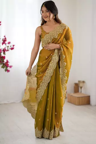 mustard chiffon embroidered saree