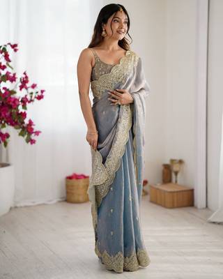 grey color fendy chiffon fabric beautiful embroidered saree 1