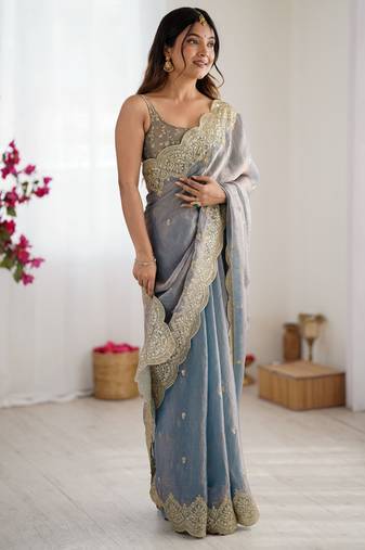 grey color fendy chiffon fabric beautiful embroidered saree