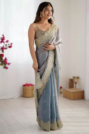 grey color fendy chiffon fabric beautiful embroidered saree