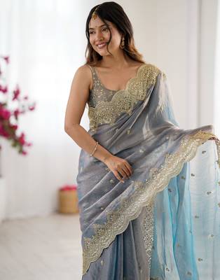grey color fendy chiffon fabric beautiful embroidered saree 4