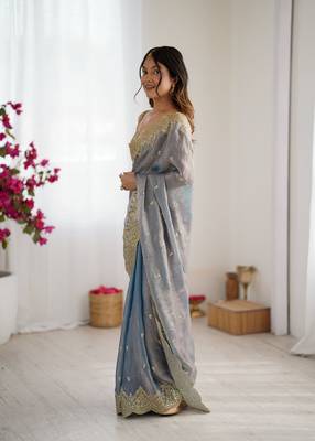 grey color fendy chiffon fabric beautiful embroidered saree 5