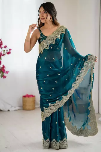 rama color fendy chiffon fabric beautiful embroidered saree