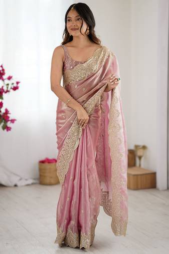 pink color fendy chiffon fabric beautiful embroidered saree