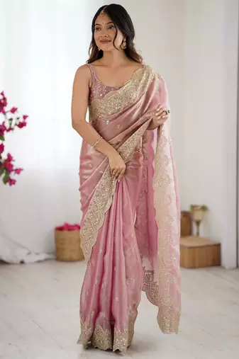 pink color fendy chiffon fabric beautiful embroidered saree